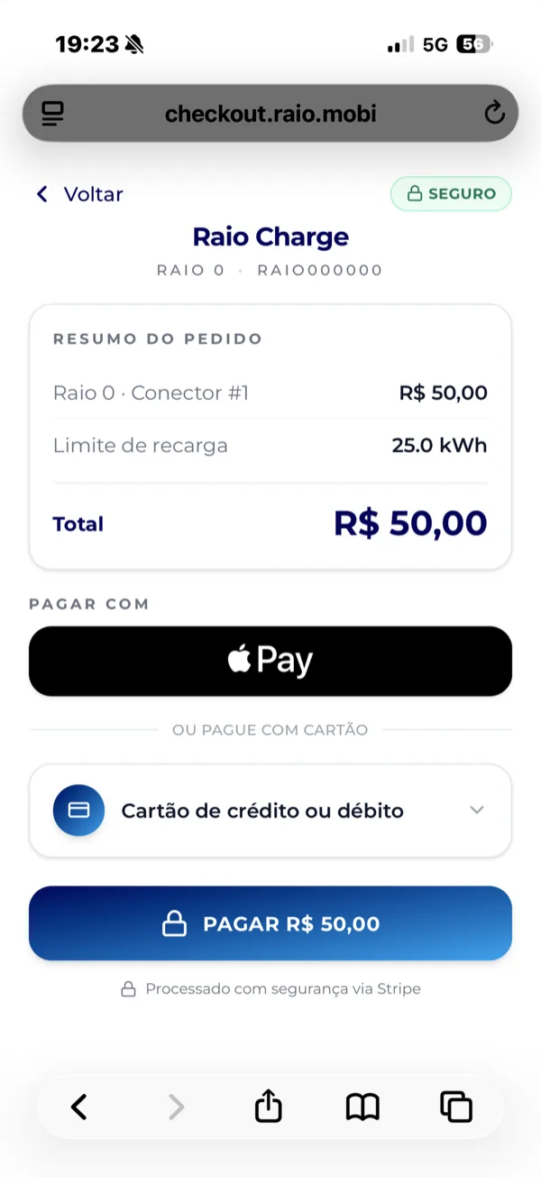 Checkout de pagamento no navegador com Apple Pay e cartão de crédito