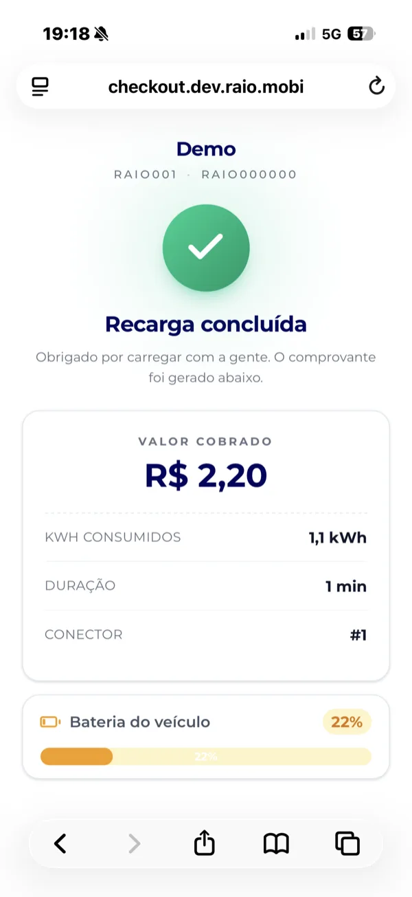 Tela de recarga concluída com comprovante de valor, kWh e duração